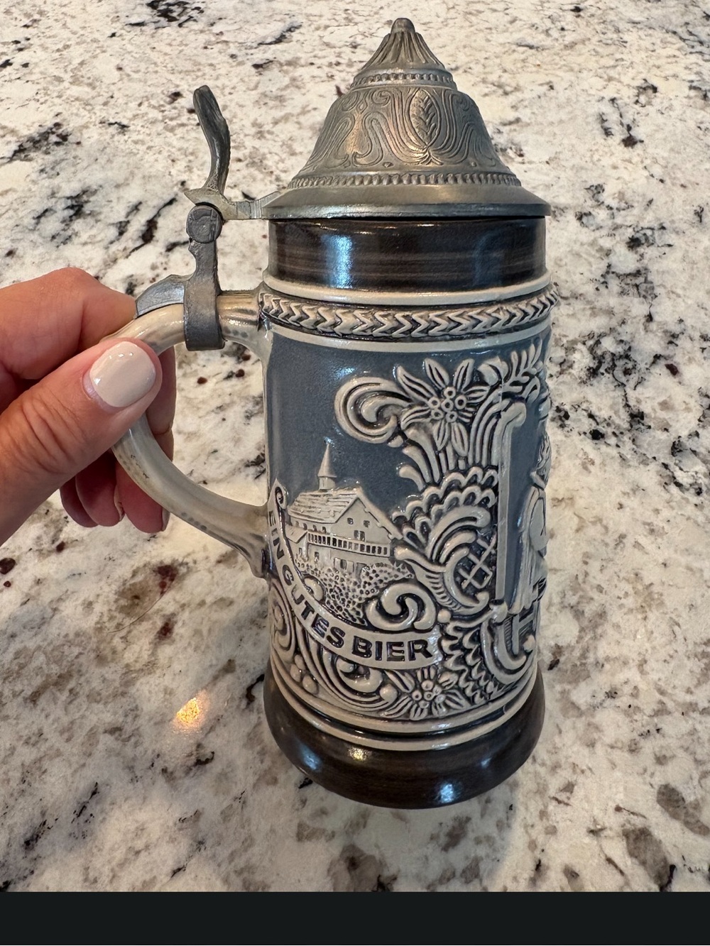 Vintage Gerz West Germany Beer Stein Gutes Bier Stoneware 94% Zinn Pewter Lid